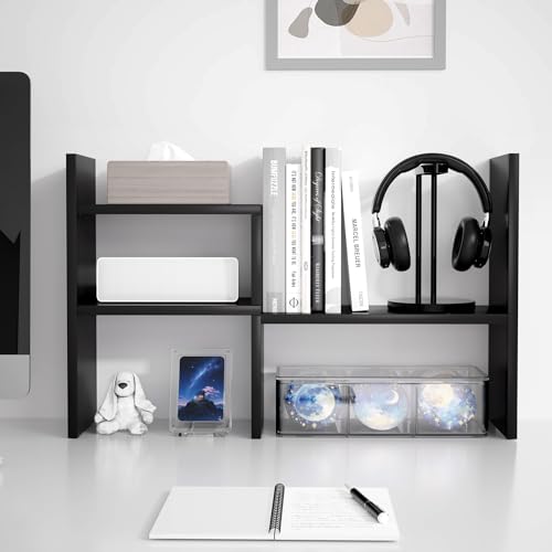 Image of Jerry & Maggie Desktop Organizer Office Storage Rack Adjustable Wood Display Shelf, Birthday Gifts Toy Home Decor Free Style Rotation Display True Natural Stand Shelf (Black)