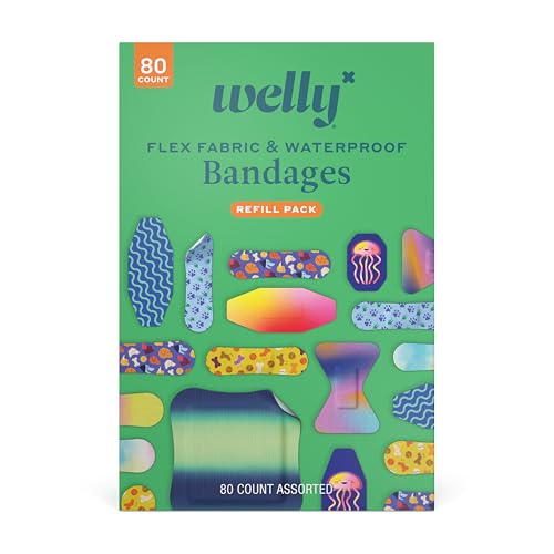 Welly Bandage Family Pack | Adhesive Flexible Fabric & Waterproof Bandages | Assorted Shapes and Patterns for Minor Cuts, Scrapes, and Wounds - 80 Count