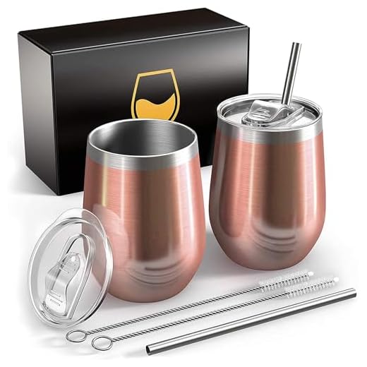 FloweryOcean Weingläser aus Edelstahl,  Weinbecher 12OZ Stemless Edelstahl weinglas Doppelwandigen ohne Stiel Isolierte Auslaufsicher Vakuumisoliert Rotweingläser für Wein, Champagner, (Roségold)