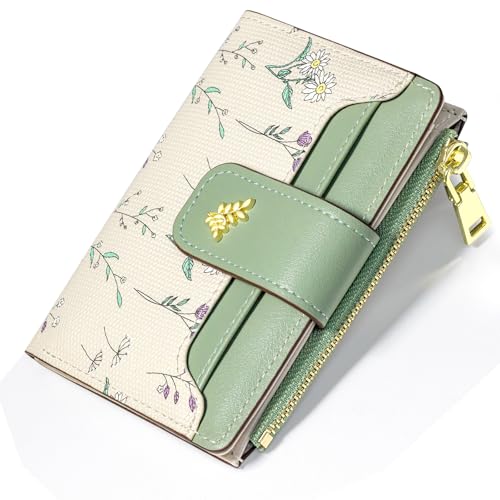 Image of YINHEXI Women's Wallet, Compact and Small Bifold PU Leather Card Holder, Mini Purse with Coin Pocket for Ladies, Girls (Floral Green)