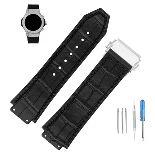 MMBAY Leather 25mm Watch Bands Replacement Compatible for Hublot Big Bang 19mm*25mm*22mm Replacement Watch Strap Wirstband Bracelet For Men and Women(with metal buckle), Black