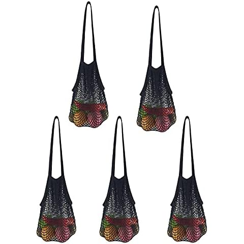 Ahyuan Reusable Grocery Bags Cotton String Bag Mesh Bags 1 pack (Long handle Black 1 PACK) Cover