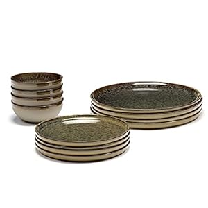 12-Piece Dinnerware Set for 4 | Surface tableware by Sergio Herman | 4 Indi Gray Small Plates, 4 Plates, 4 Pasta Bowls | Stoneware Home Kitchen Essentials Sets | Dishware and Dishes