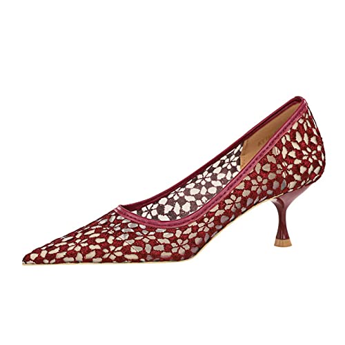 JOEupin Womens Low Kitten Heels Pumps Lace Closed Pointed Toe Slip on Dress Wedding Party Shoes