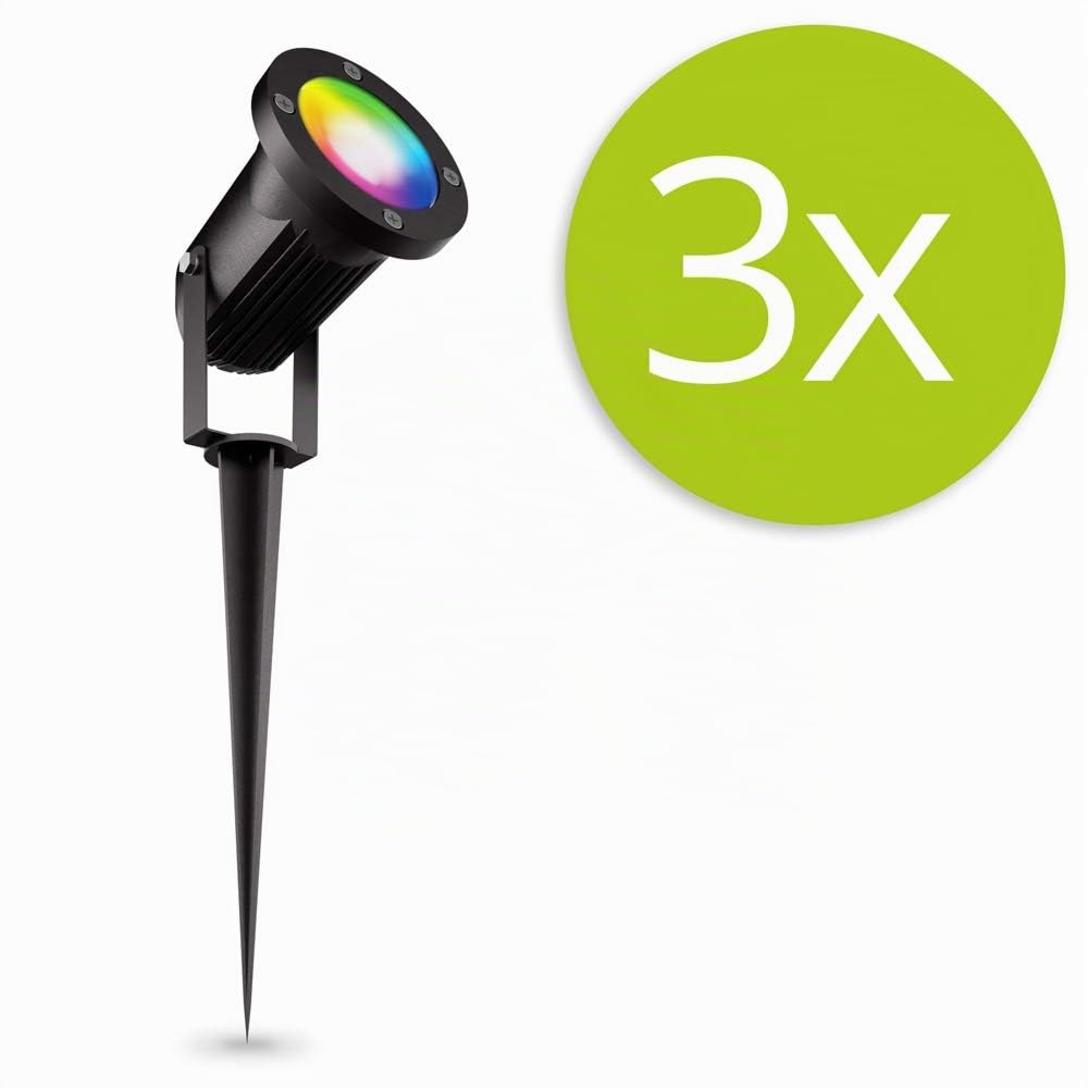 linovum CARI Gartenstrahler 3er Set Erdspieß Smart GU10 WLAN RGBW IP65 2m | Drei Erdspießstrahler mit Smart-Licht - per App steuerbar, RGB-Farblicht, für Beete & Terrasse, 2m Kabel, IP65, inkl. LED