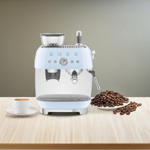 Image of Smeg EGF03 Semi-Automatic Espresso Machine with Built-In Grinder, Dual Thermoblock, 50's Retro Style - Pastel Blue (120 V)