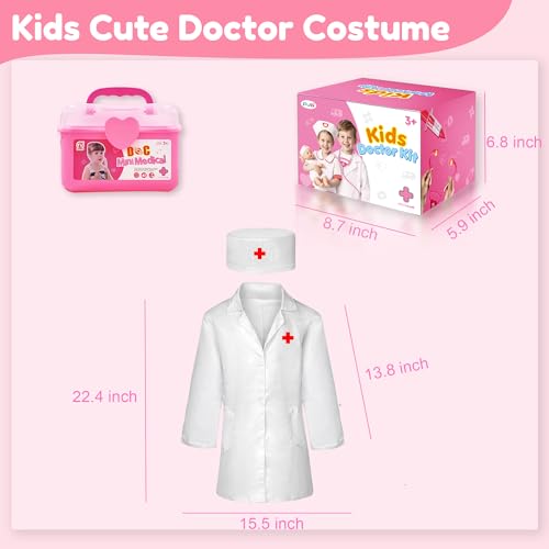 24Pcs Doctor Kit for Toddlers 3-5, Kids Doctor Pretend Play Set with Costume, Stethoscope, Funny Doctors Kit Toys Christmas Birthday Gift for Girls Ages 3 4 5 Year Old, Pink