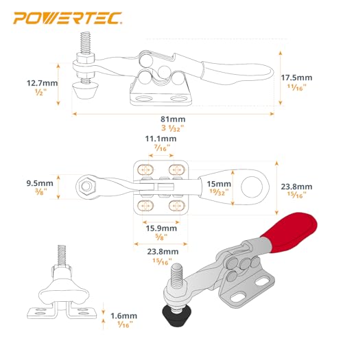 Image of POWERTEC 2PK Toggle Clamp, 60 lbs Holding Capacity, 201A Quick Release Horizontal Clamps w / Antislip Rubber Pressure Tip for Woodworking Jigs and Fixtures, Welding, Drill Press, Crosscut Sled (20317)