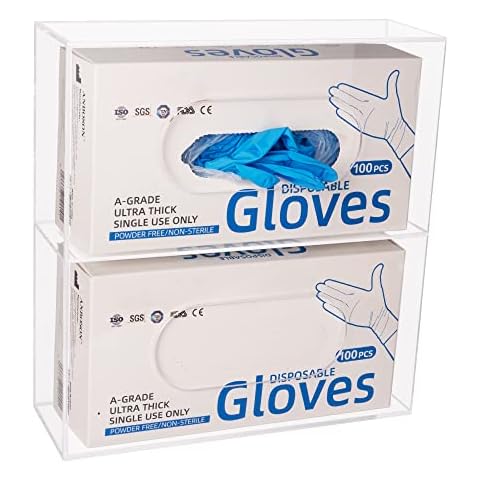 KOEMEHR Glove Box Dispenser Holder Wall Mounted, Acrylic Double Gloves Storage Box for Medical, Latex, Rubber, Nitrile, Exam, Disposable Gloves Box Rack, Tissues Box Cover Holder, Transparent Cover