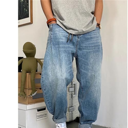 Men’S Retro Streetwear Loose Fit Harem Denim Cargo Trousers Button Fly Midweight Light Wash Casual Full Length Jeans4