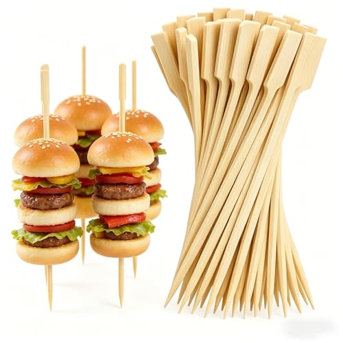 Bamboo Paddle Skewers 12cm 100 Pack Wooden Skewers for Kebabs BBQ Barbecue Skewers Burger Sticks Cocktail Picks and Food Sticks for Appetizers Buffet and Grill Party