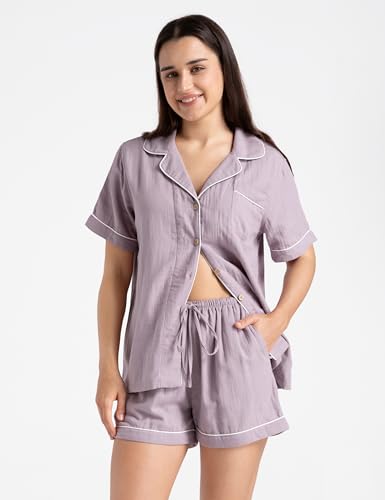 Image of Womens Muslin Pajama Sets 100% Cotton Double Gauze Linen Like Short Pjs | Breathable Soft Comfort Button Up Loungewear Sleepwear PJ Set