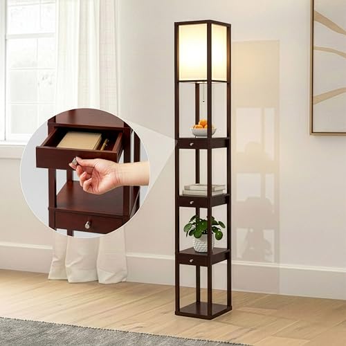 Brightech Maxwell Drawer Edition - Modern Shelf Floor Lamp with Drawer - Corner Display Floor Lamps with Shelves for Living Room, Bedroom and Office - Havana Brown