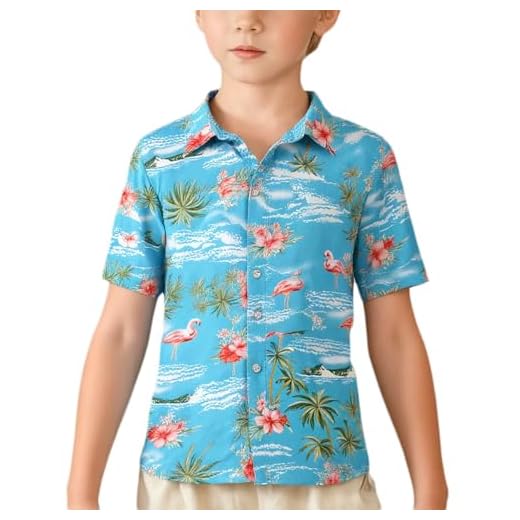 SSLR Big Boys Hawaiian Shirt Flamingos Button Down Shirt Short Sleeve Luau Shirt for Kids (Medium, Blue)