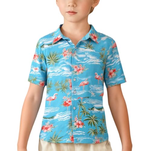 SSLR Big Boys Hawaiian Shirt, Kids Hawaiian Shirt, Flamingos Shirt Short Sleeve Luau Shirt for Kids