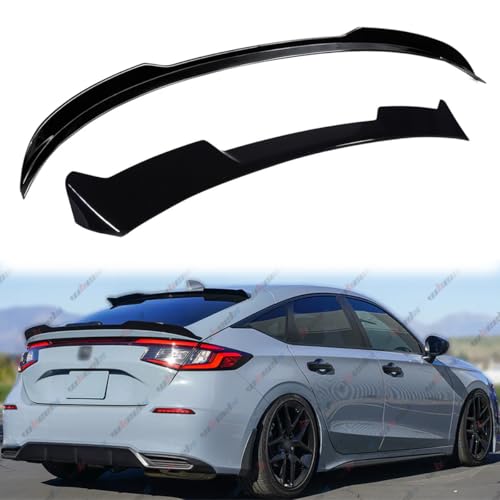 WheelX 2pcs Rear Spoiler and Roof Top Spoiler Compatible with 2022-2025 Honda Civic Hatchback, JDM Duckbill Fit for 4-Door, Trunk Exterior High Kick Tail Deck Lid Wing Lip (Glossy Black)