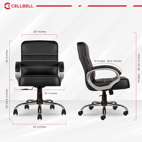 Image of CELLBELL C99 Apex Ergonomic Mid Back Executive Boss Chair for Home & Office | Premium Leatherette Revolving Computer Chair with Thick Cushion Seat, Soft Armrests & Height Adjustment (Full Black)