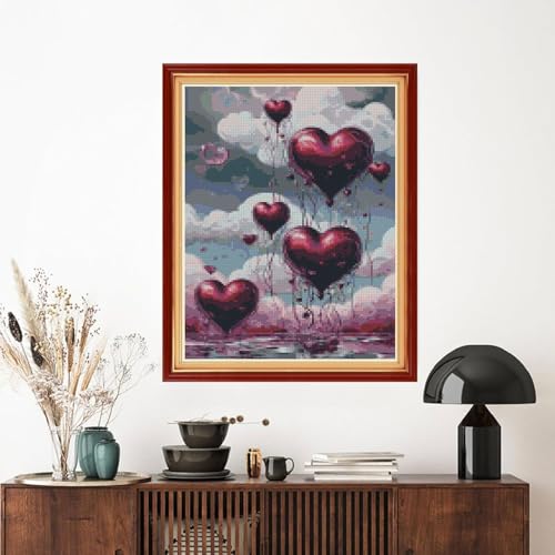 Image of MYBISYMQQ Romantic Heart Balloon Cross Stitch Kits for Adults Beginners - 11CT Stamped Love Heart Embroidery Kit, DIY Pre-Printed Needlepoint Patterns for Home Wall Art Decor, 15.7x11.8 Inches