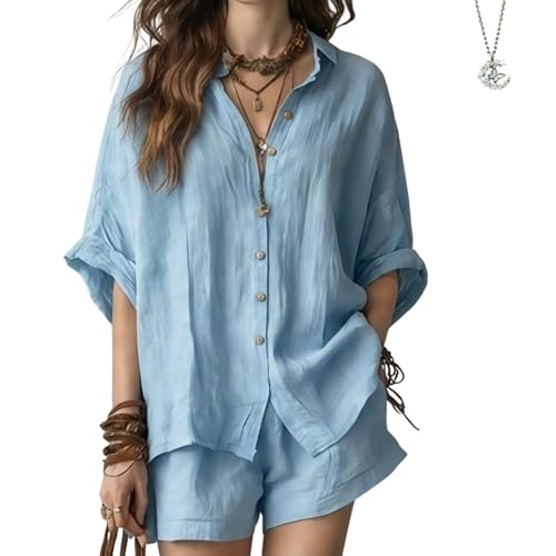 Ensemble coton et lin femme style bohème chic avec short à poches et chemise oversize d'été
