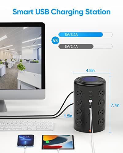 Power Strip Tower With Usb C Ports, 1875W 1500J Surge Protector With 16 Outlets 5 Usb Ports (2 Usb C), 6 Ft Extension Cord, Charging Station For Home Office Desk, Dorm Room Essentials #TOP5