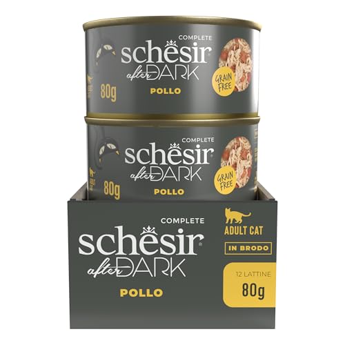 Schesir After Dark Hähnchenfilets in Brühe, komplettes Nassfutter für Katzen, aus der Dose, Grain frei, hoher Proteingehalt, feuchtigkeitsspendend, 12 x 80 g