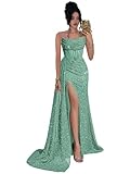 Fashionbride Sexy Strapless Evening Party Dresses Glitter Mermaid Sequin Sage Green Gala Dress with Train Long Wedding Guest Gown 2026 US8