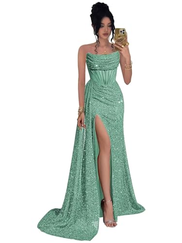 Fashionbride Sexy Strapless Evening Party Dresses Glitter Mermaid Sequin Sage Green Gala Dress with Train Long Wedding Guest Gown 2026 US8