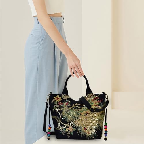 Women's Shoulder Handbags, 10x9x5" Ethnic Travel Bohemian Embroidery Bag with Bling Sequins Phoenix Embroidered, Capacious Portable Vintage Purse for Daily Use Embroidery Bag3