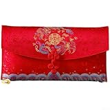 Zeroupshop Chinesischer Brokatbeutel, rot, mit goldfarbener Stickerei und Schnappverschluss, für Hochzeit, Teezeremonie und Schenken, groß, 20 x 10,5 cm (A)