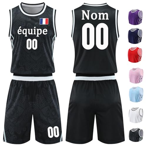 Maillot de Basket Personnalisé Chemise et Short Ensemble Basket avec Nom Numéro Logo de L'équipe Personnalisables pour Hommes Femmes Enfants Trousse Basket