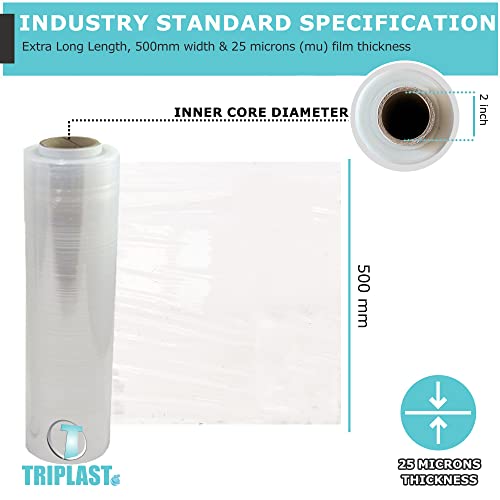 Image of Triplast 500mm Heavy Duty Clear Pallet Stretch Wrap - Extra Long Rolls, Standard Core, 25mu Thick - Plastic Shrink Wrap & Industrial Cling Film for Removals & Warehouse Packaging Use (12 Rolls)