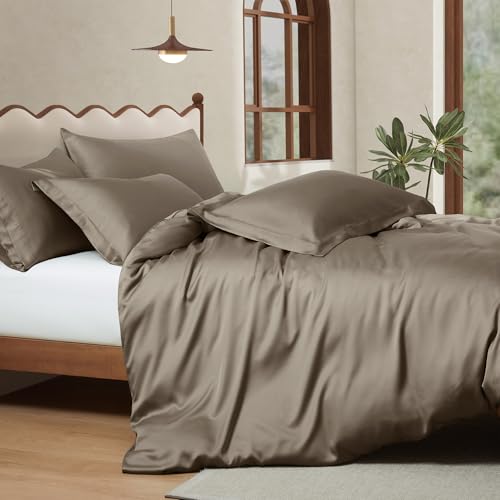 Manyshofu 5Pcs Cotton Tencel Queen Duvet Cover Eucalyptus Lyocell Taupe Duvet Cover, Cooling Comforter Covers Luxury & Silky Bedding Set - 2 Tencel Pillow Shams(20"x26"), 2 Pillow Cases(20"x30")