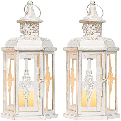 JHY DESIGN Set of 2 Decorative Candle Lanterns, 25cm High Vintage Hanging Lantern Metal Candle Holder Garden Lanterns for Indoor Outdoor Balcony Parties Weddings Hallway Gift(White with Gold Brush)
