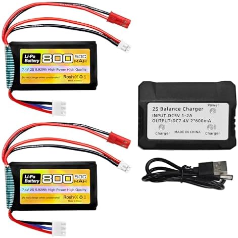 2PCS Batterie 7.4V 2S 50C 800mAh JST & PH2.0 – Haute Performance Pour SCX24, Voitures RC 1/10 1/16 1/18 1/24, Drones & Bateaux