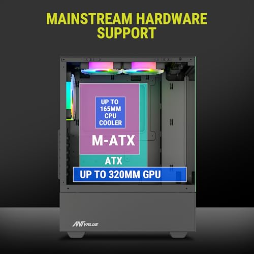 Image of Ant Value Tempered Glass CV100 Mid-Tower Computer Case /Gaming Cabinet A- Black | Support ATX, M-ATX, ITX | Pre-Installed 2 Top & 1 Rear Rainbow Fans, 2 USB Ports