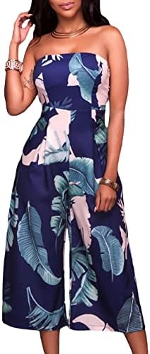 Eiffel Women's Off Shoulder Strapless Leaf Print Capris Jumpsuit Rompers Wide Leg Pant Blue S