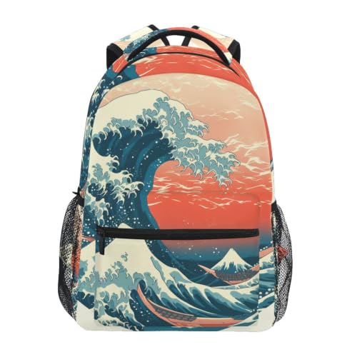 Cartable Grande Vague peinture coucher de soleil pour sac à dos filles et garçons