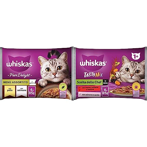 Whiskas Pure Delight Menù Assortito 1+ Anni, Cibo Umido per Gatto & Tasty Mix Scelta dello Chef