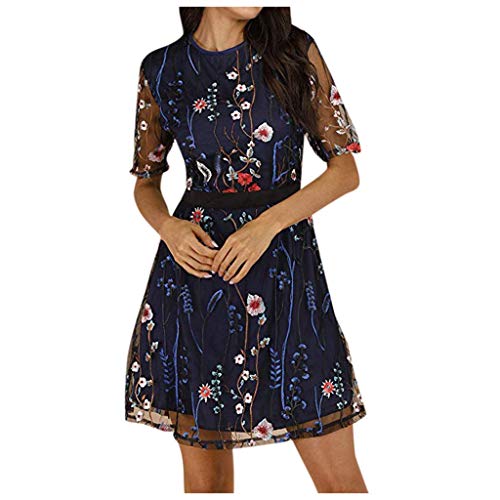 Women's Embroidered Party Dress Lace Mesh Double Layer Short Sleeve Elegant Cute Mini Dress