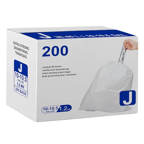 Code J 200 Count Drawstring Trash Bags Compatible with simplehuman Code J | 1.2 Mil White Garbage Can Liners 10-10.5 Gallon / 38-40 Liter Heavy Duty Plastic Trash Bags