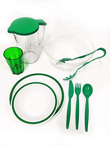 Harfield 28 Piece BBQ Picnic Outdoor Dining Tableware Set - Green Reusable Virtually Unbreakable Polycarbonate Plastic