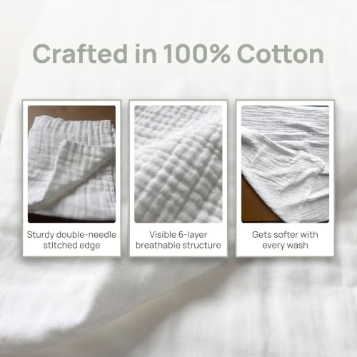 Image of SANACYNA King 100% Cotton Muslin Blanket for All Seasons 6-Layer Gauze | Breathable, Soft & Lightweight, Pure White, Crinkle Texture, for Bed, Couch, Throw, Shawl, Outdoor Use Travel