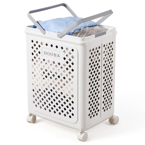 50L Laundry Basket Plastic Washing Baskets for Laundry Rolling Laundry Hamper Foldable Laundry Basket with Handle and Wheels Clothes Storage for Laundry Room Bathroom Bedroom Dorm