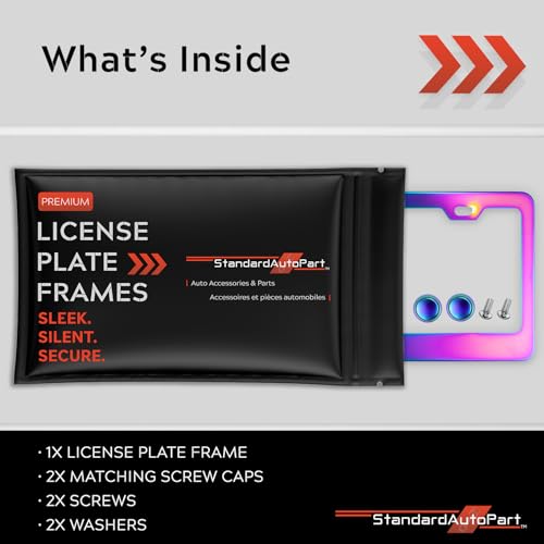 Image of Premium Slim Neo Chrome Aurora License Plate Frame - 1 Piece, Rust-Free Stainless Steel & Rattle-Free, Street Legal, Universal with Screw Caps, Thin Edged Metal Front or Rear Car Tag Holder Unisex