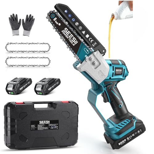 SEESII Brushless Mini Chainsaw 6 Inch, Handheld Saw with 2 * 2000 mAh Batteries, Cordless Chainsaw with Automatic Oiler, Compatible with Makita 18V Battery, Electric Saw for Tree Limb Branch