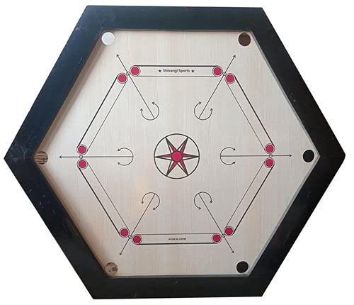 V4L Hexagon Six Player 40 inches 3mm Chakri 3 Inch Frame Size Back Carrom Board International for Professionals with Free Coins/Striker/Boric Powder