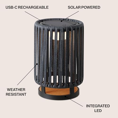 JONATHAN Y 12.5" Charcoal/Black Modern LED Solar Powered Outdoor Lantern, 8.5" x 13" with Faux Rattan Shade, USB-C Rechargeable Cordless Light for Patio Deck Porch Garden JYL2602A by JONATHAN Y - Used condition - Image 3