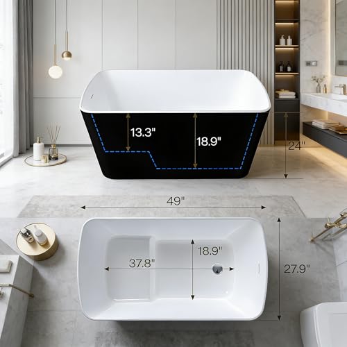 Image of GarveeHome 49'' Freestanding Bathtub, Acrylic. Deep Soaking Stand Alone Tub, Bath Easy to Install for Bathroom Renovation, Comfortable Small Space Tub with Chrome Overflow and Drain, White