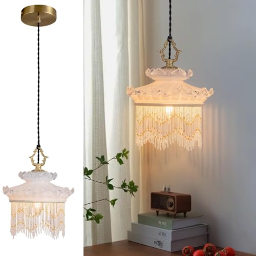 JXJYHL Brass Vintage Glass Pendant Light Cream Style Glass Tassel