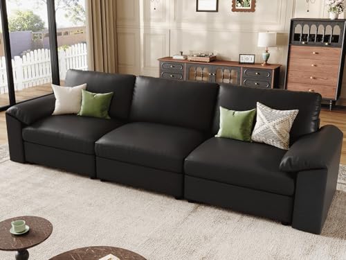 Image of EASE MOOSE 3 Seater Deep Seat Sectional Sofa,Scratch Resistant Faux Leather Material, Oversized Modular Couch,Classic Comfy Sofas for Small Spaces, Black